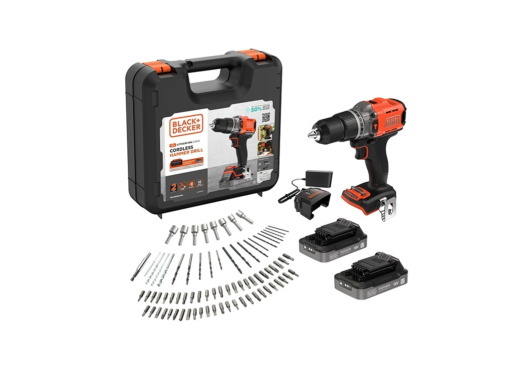 BLACK & DECKER BCD383D2XKA-QW — 18V Impact Drill (with 2 x 18V 2.0Ah batteries with charge status indicator, 1A charger and 80 accessories), 2.0 Ah