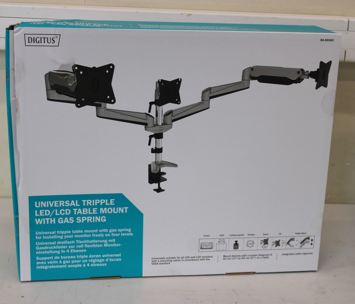 DIGITUS Triple monitor mount, 3x 27", 3x 6 kg, Digitus Desk Mount, Triple Monitor Gas Spring Mount DA-90363, Adjustable Height, Tilt, Swivel
