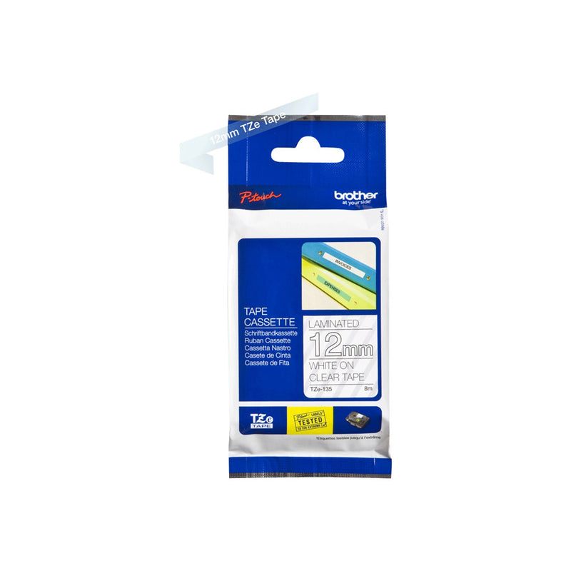 Brother TZe-135 Laminated Tape, White on Clear, 8 m, 1.2 cm