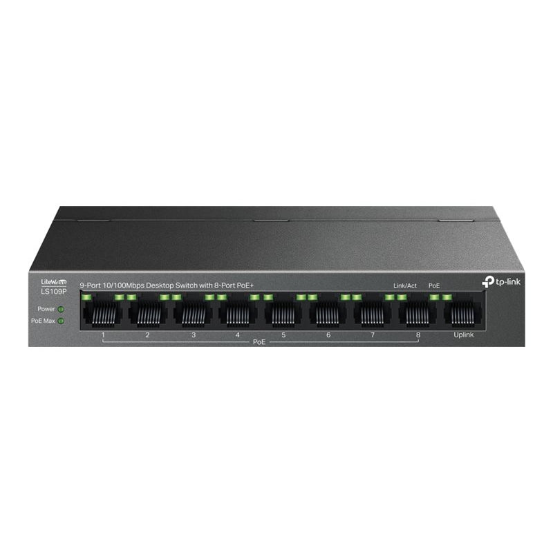 TP-LINK LS109P — 9-Port 10/100 Mbps Desktop Switch with 8-Port PoE+, Unmanaged, 10/100 Mbps (RJ-45) ports quantity 9