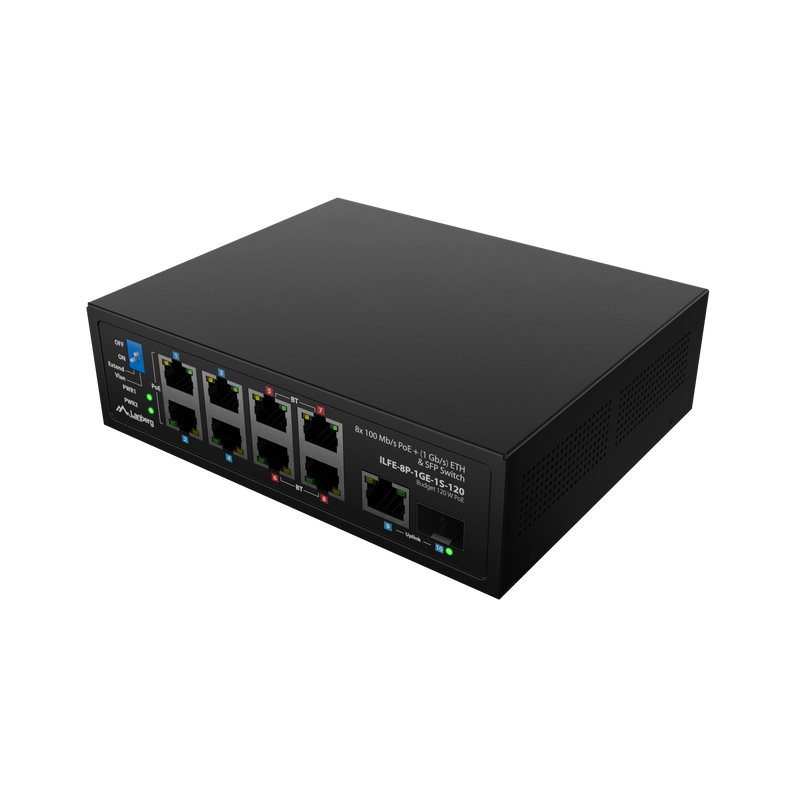 Lanberg ILFE-8P-1GE-1S-120 — Switch PoE 4xBT 4xAT SFP/ETH Din Unmanagment Fast Ethernet, Unmanaged, Din rail, Rack