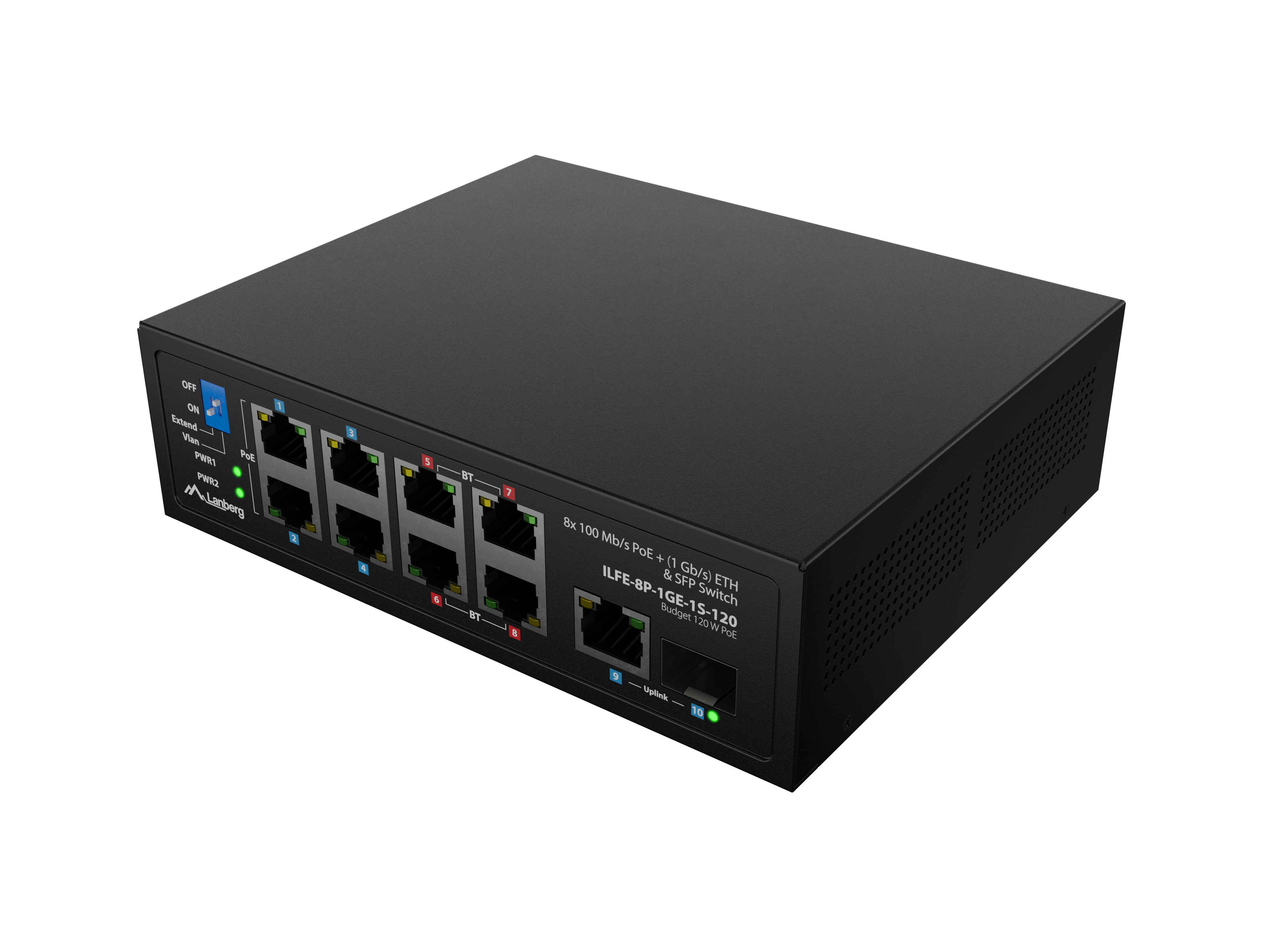 Lanberg ILFE-8P-1GE-1S-120 — Switch PoE 4xBT 4xAT SFP/ETH Din Unmanagment Fast Ethernet, Unmanaged, Din rail, Rack