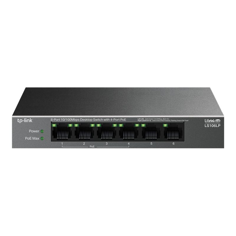 TP-LINK LS106LP — 6-Port 10/100 Mbps Desktop Switch with 4-Port PoE, Unmanaged