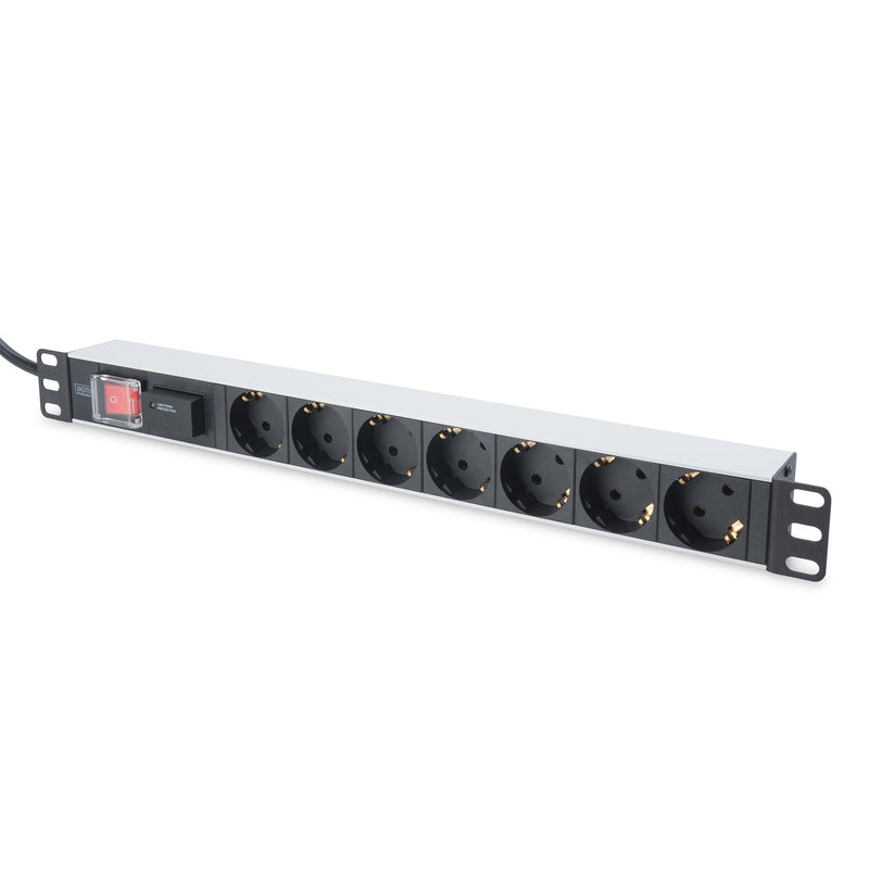 Digitus DN-95407 — 1U Aluminum PDU, rackmountable, 7x safety outlet 16A Plug, 250VAC 50/60Hz, switch, surge protection