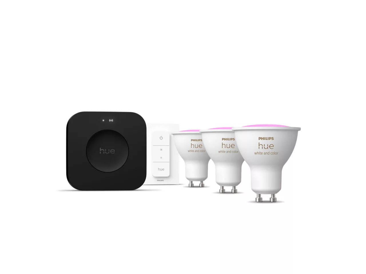 Philips Hue Starter set: 3 GU10 bulbs, dimmer switch, Hue Bridge Pro, Zigbee, Wi-Fi, Bluetooth
