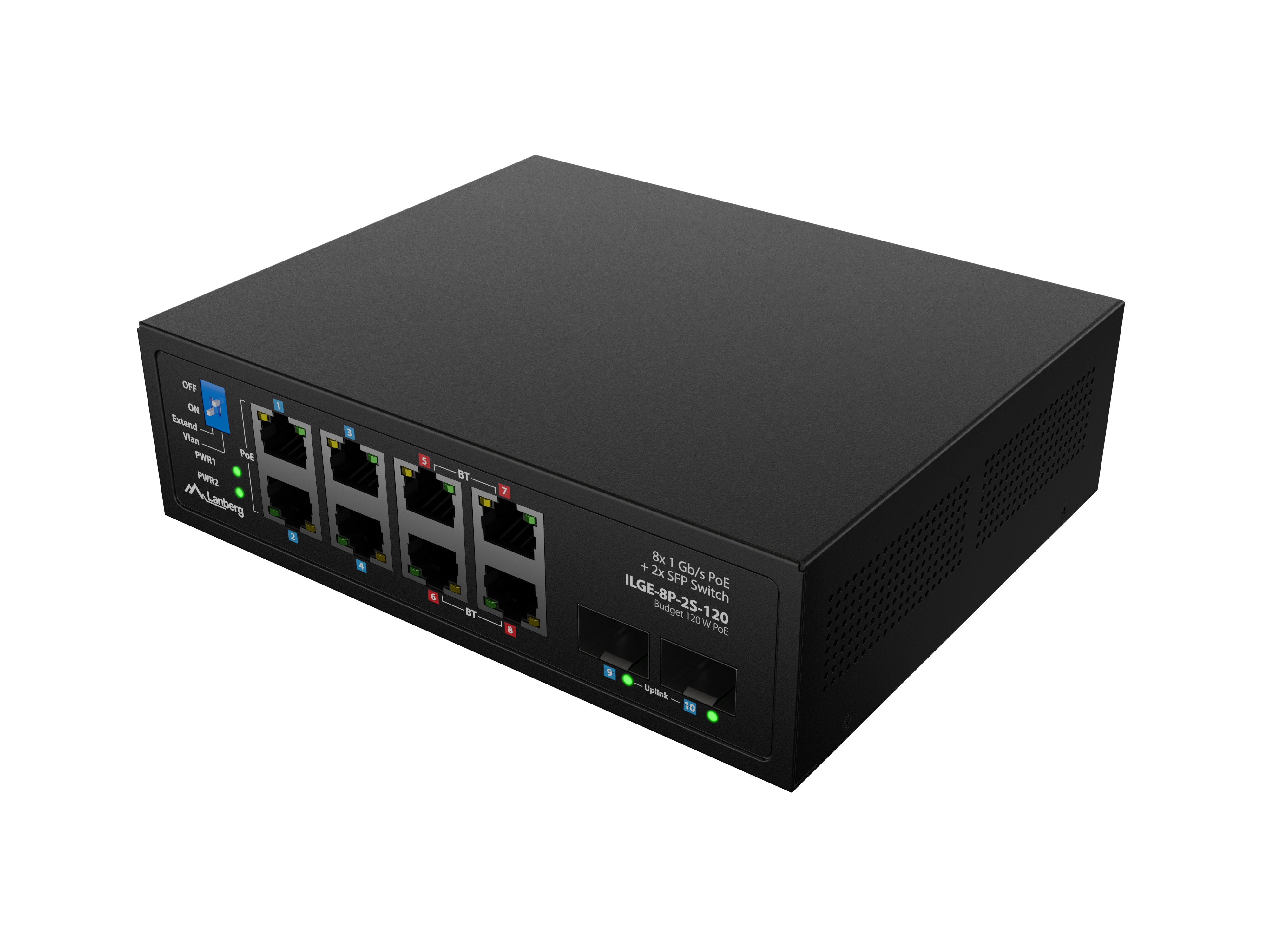 Lanberg ILGE-8P-2S-120 — Switch PoE 4xBT 4xAT 4xSFP Din Unmanagment Gigabit Ethernet, Unmanaged, Din rail