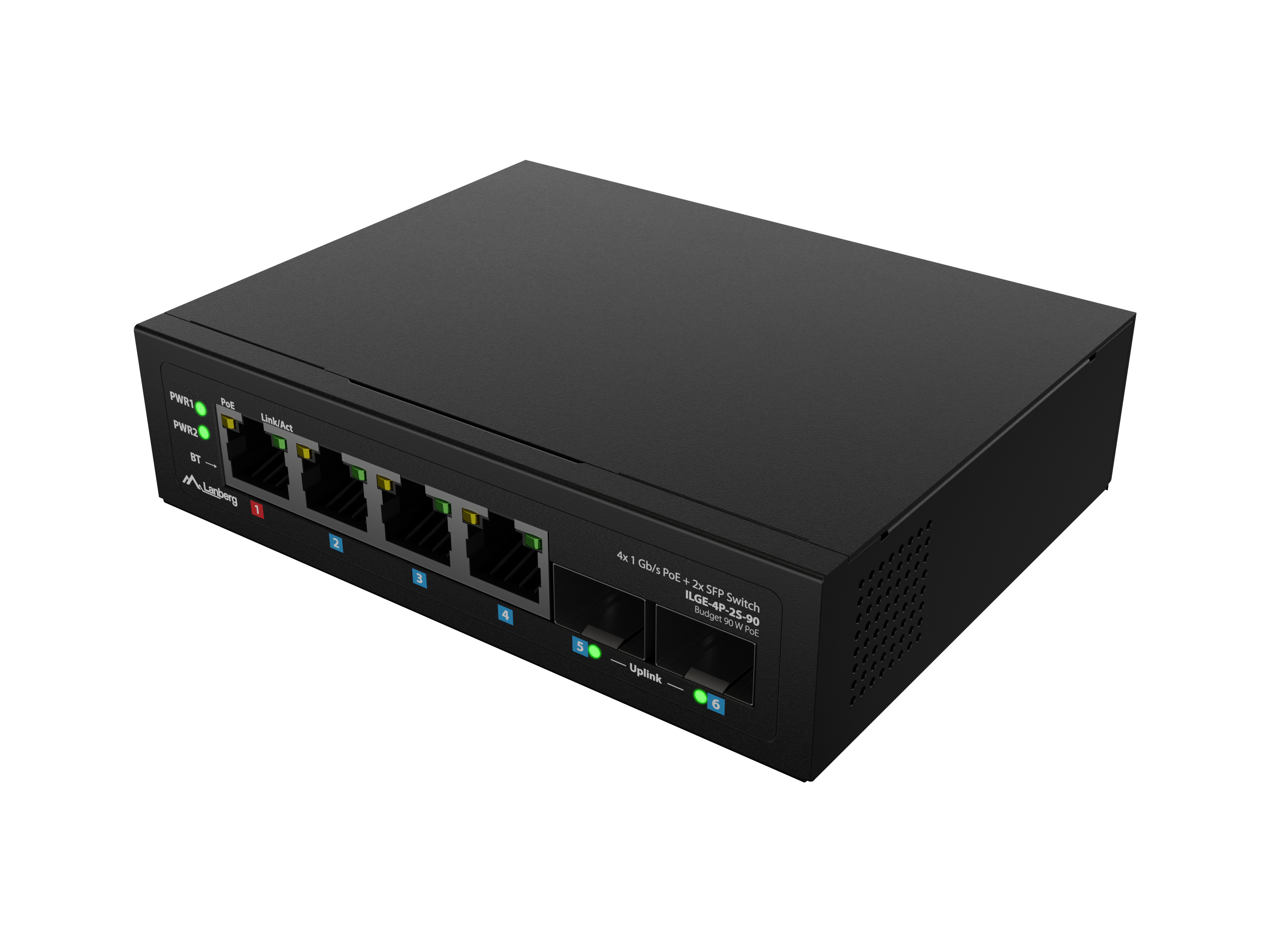 Lanberg ILGE-4P-2S-90 — Switch Light IndustrialPoE 1xBT 3xAT 2xSFP Din Unmanagment Gigabit Ethernet, Unmanaged, Din rail