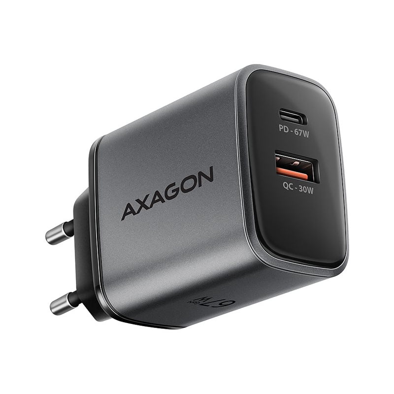 AXAGON ACU-PQ67 — Wall charger 67W, 2x port (USB-A + USB-C) PD3.0/PPS/QC4+/SFC 2.0/Apple