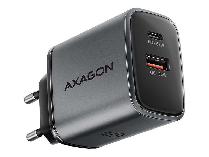 AXAGON ACU-PQ67 — Wall charger 67W, 2x port (USB-A + USB-C) PD3.0/PPS/QC4+/SFC 2.0/Apple