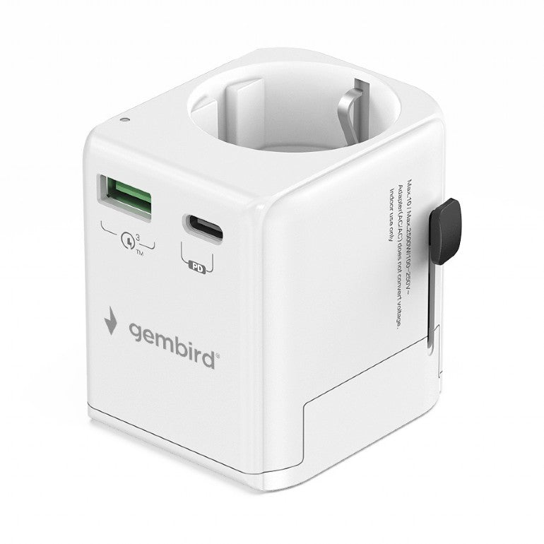 Gembird TPA-EU1A1C20-01-W — Grounded universal travel power adapter, 20 W