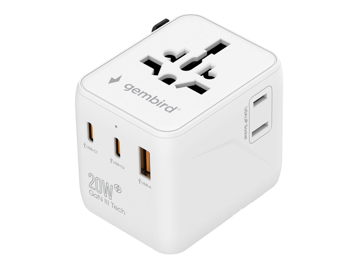 Gembird TPA-1A2C20-01-W — Universal travel power adapter, 20 W, Travel Adapter