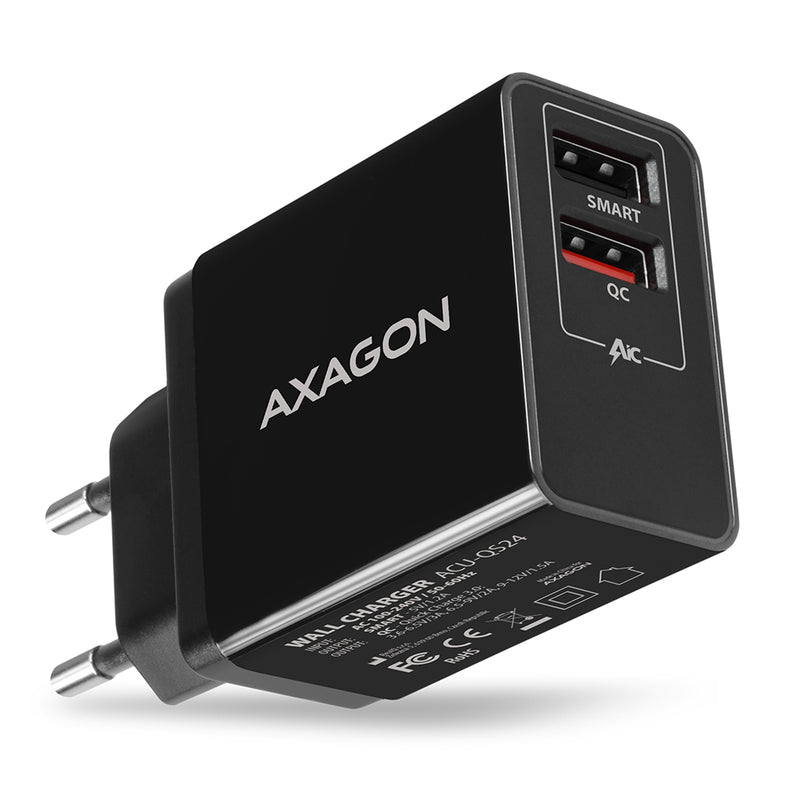 AXAGON ACU-QS24 — Dual wallcharger 240V/2x USB port QC3.0/AFC/FCP and 5V-1.2A, 24W