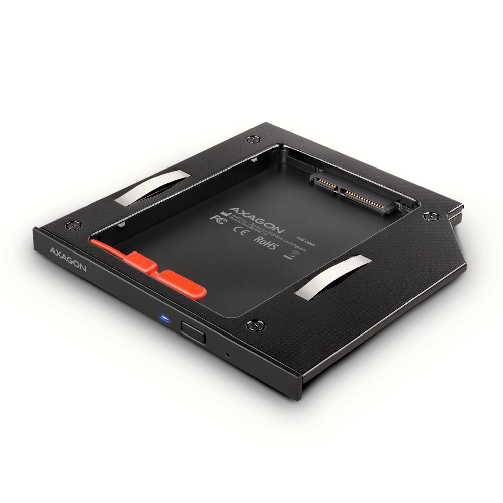 AXAGON RSS-CD09 — Optical disk drive caddy for 2.5“ SSD/HDD. LED, 9.5 mm, Aluminum