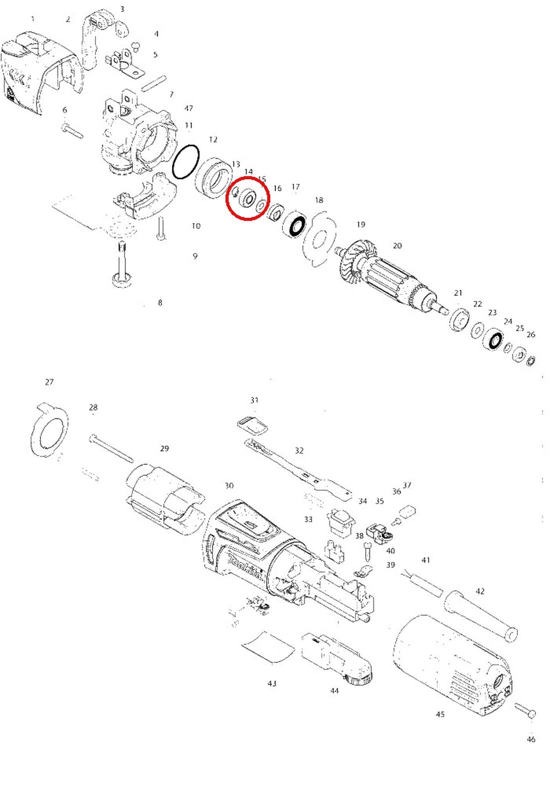 Makita TM3010C parts diagram: sphere bearing 706 is item 14 (210164-4 is listed as sub-position 014-1)